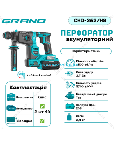 Аккумуляторный перфоратор Grand CHD-262/HS (2 АКБ и ЗП, кейс)