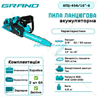 Акумуляторна пила ланцюгова Grand АПЦ-40А/16"-6 (2шт 6Аг та ЗП)