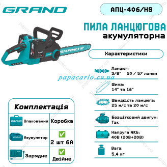 Акумуляторна пила ланцюгова Grand АПЦ-406/HS (2шт 6Аг та ЗП)